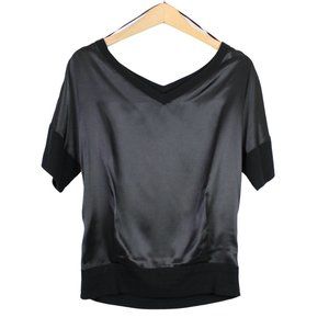 H&M Black Short Sleeve V-neck Contrast Satin Blouse
